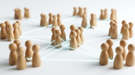 Obraz premium A social network structure of wooden pawn figures with bright connection lines representing community interaction.