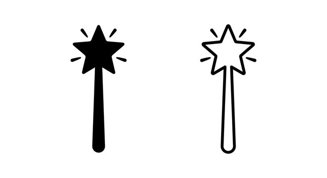 Star shaped magic wands black and white line art illustration
