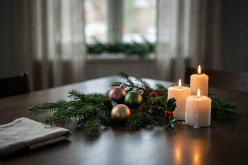 Naklejka premium Festive christmas table centerpiece with burning white candles and colorful ornaments on a dark wooden dining table