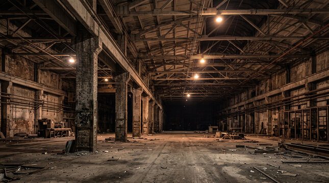 Empty dark industrial warehouse interior with glowing lights and shadows