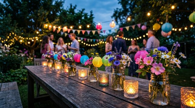 A beautiful garden party setting with string lights, colorful paper lanterns, and floral arrangements on a wooden table.