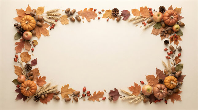 Autumn harvest frame made of pumpkins apples wheat ears and dry leaves on a light beige background