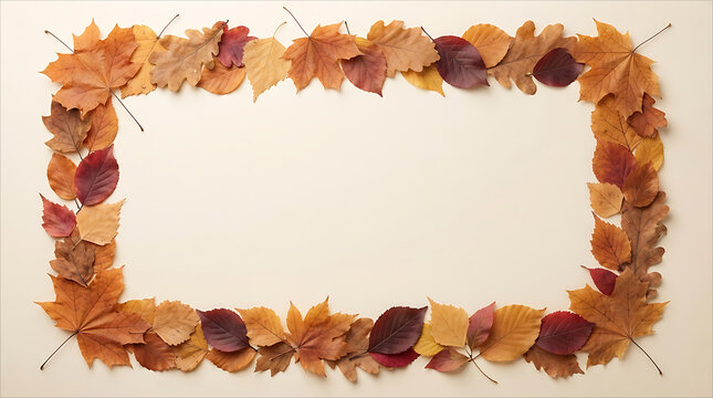 Frame made of colorful autumn leaves on a light beige background with copy space for text