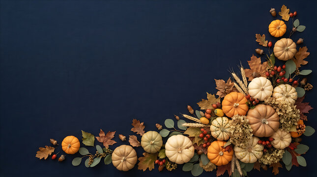 Autumn harvest composition with pumpkins and dried leaves arranged on a dark blue background with copy space