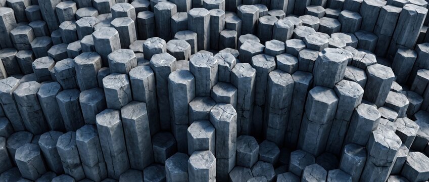 Abstract background, of grey, stone-like, hexagonal pillars with, varying heights, creating, a textured, geometric, landscape of vertical, columns with cracked, weathered surfaces and shadows