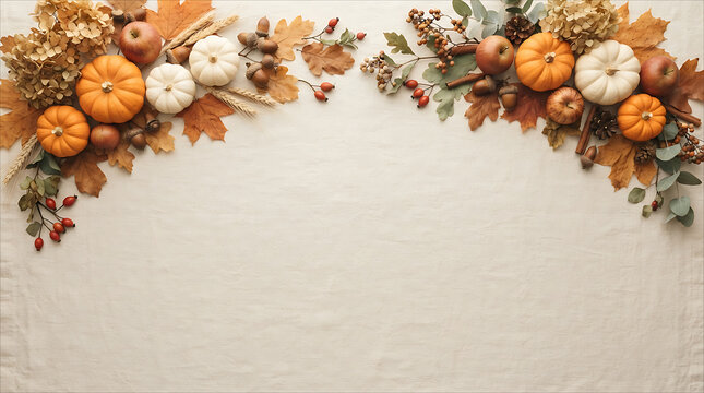 Autumn harvest background with pumpkins apples and dried leaves arranged on a textured light beige fabric surface