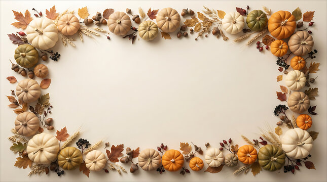 Autumn harvest border frame made of various pumpkins and colorful fall leaves on a neutral background