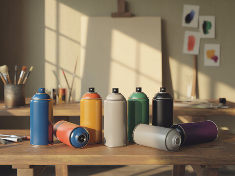 A collection of colorful spray paint cans arranged on a wooden art studio table