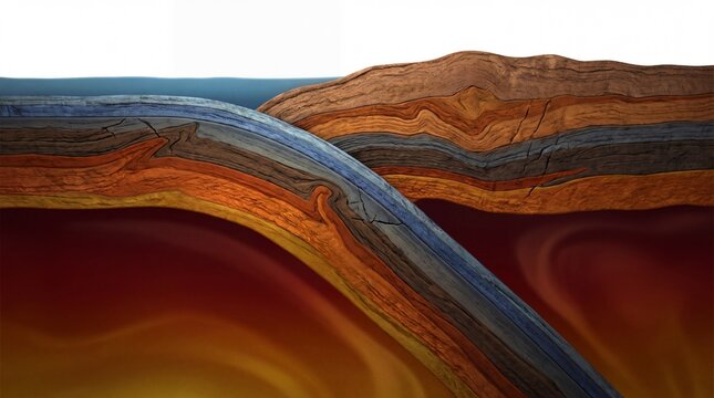Illustration of tectonic plates converging, showing subduction where one plate slides beneath another, leading to geological activity.