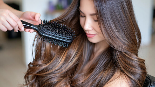 Top view of hands applying keratin treatment with a professional brush to a Caucasian woman's long chestnut hair, bright contemporary hair salon, face completely cropped out, detailed individual str