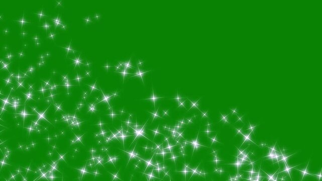 Sparkling glitter star dust trail animation with white cartoon blinking stars glowing starlight dust line forming shimmering doodle sparkle trail on smooth green screen overlay, background 4k
