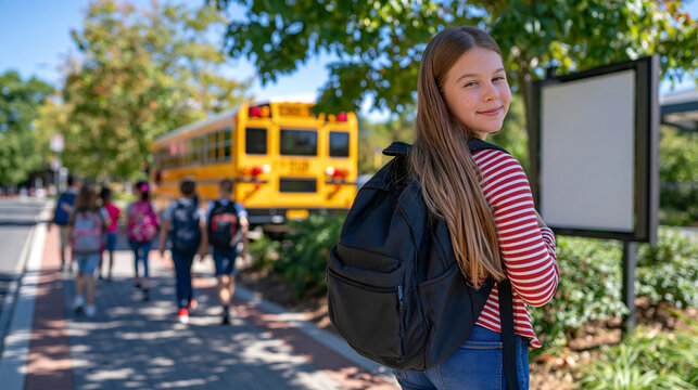 Empty street advertising banner mounted beside a bright yellow school bus at a school drop off area, children walking along the sidewalk with backpacks, bodies partially cropped, no visible faces, b