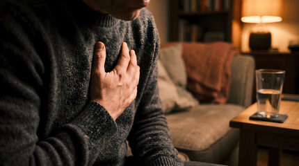 Obraz premium Man pressing his hand to his chest in a cozy living room