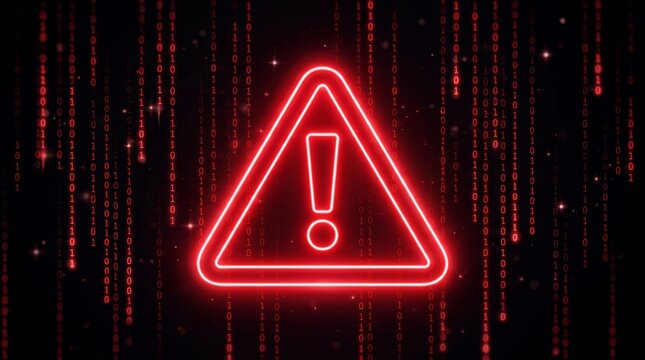 Cyber security threat concept featuring a red alert warning sign and binary code background.