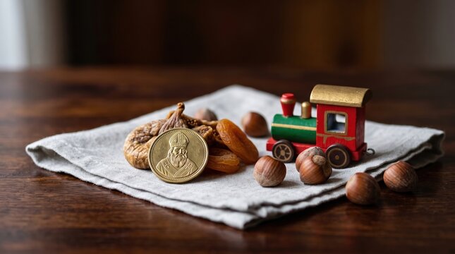Gold coin featuring a bishop rests on a linen napkin next to dried fruit hazelnuts and a toy wooden train St.Nicholas Day