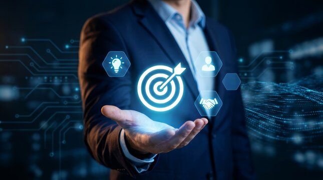 Successful businessman showcasing a glowing target icon and hexagonal business solution symbols.