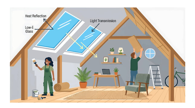 Bright loft conversion with energy-efficient Low-E glass skylights showing heat reflection, concept for sustainable home improvement and DIY thermal insulation, ideal for construction blogs and