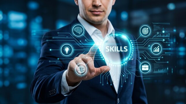 Corporate expertise and career growth concept with a professional man touching a virtual skills interface.