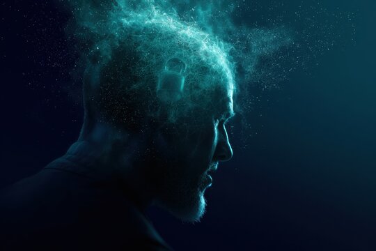 A head profile shows a teal network with a soft padlock inside. Particles drift out in a dark background. A wide area is empty on one side.