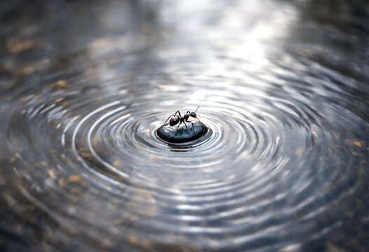 A lone ant stands on a small dark stone creating ripples in the water surface with its presence