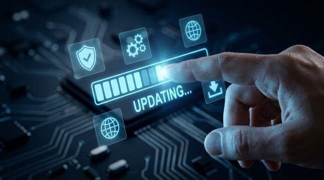 Digital software update process with a finger interacting with a holographic interface.