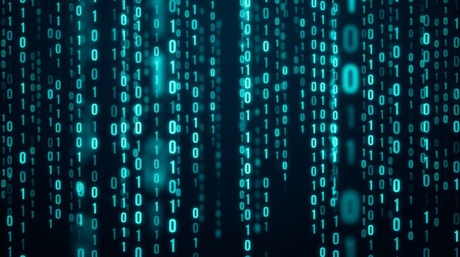 Technology background featuring falling digital binary code and data visualization.