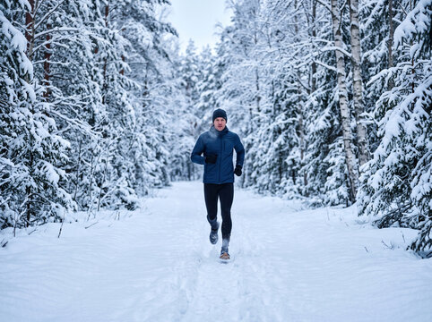 A man running on a snowy path in the forest during winter