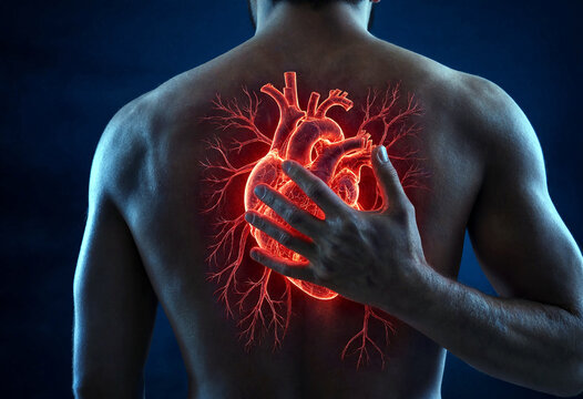 A persons back illuminated by a glowing red anatomical heart with branching arteries showing the circulatory system pulsing with warmth and vitality representing health or pain