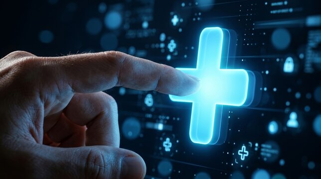 Adding more content through a finger touch on a large glowing blue plus sign.