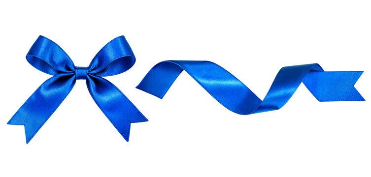 A vibrant shiny blue satin ribbon tied into a perfect bow next to a flowing wavy ribbon isolated on a transparent background for decoration