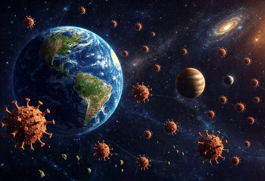 Abstract depiction of countless coronavirus particles surrounding planet Earth and other celestial bodies in deep space representing a global pandemic threat