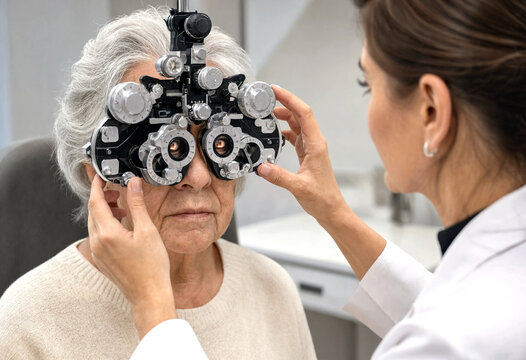 An optometrist uses a phoropter to conduct a comprehensive eye examination on an elderly woman to check her vision and eye health in a clinical setting
