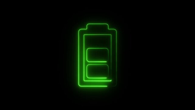Flicker neon vedio green battery status icon glowing a outline of a representing energy storage against black background charge energy power level electric