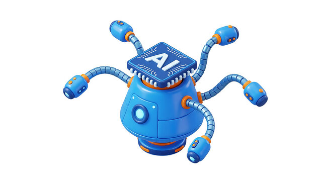 Futuristic ai robot head with mechanical tentacles isolated on transparent background on a transparent background