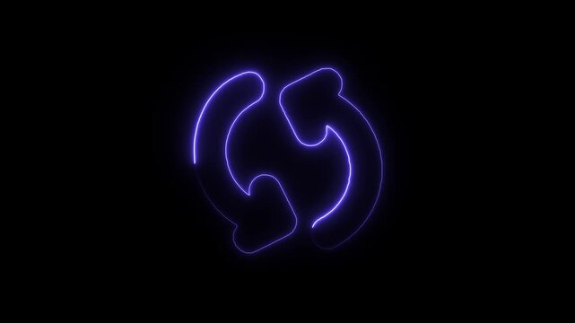 Flicker neon vedio blue neon circular reload icon with glowing arrow shapes on black a sleek refresh consisting of two rotating arrows in a dark environment for user interface