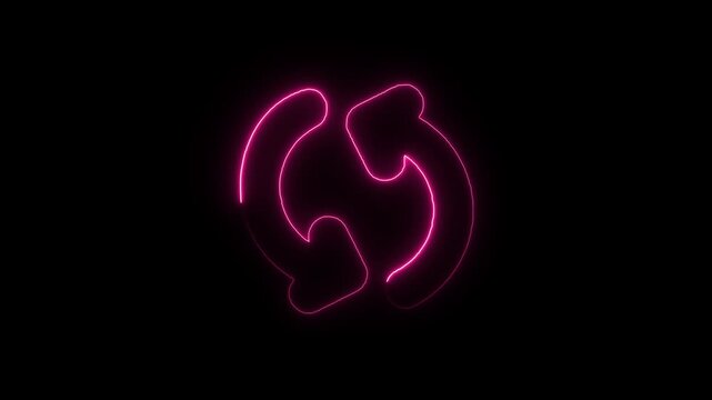 Flicker neon vedio rotating circular arrow symbol made of glowing pink neon lights reload or refresh icon brightly against a dark black background