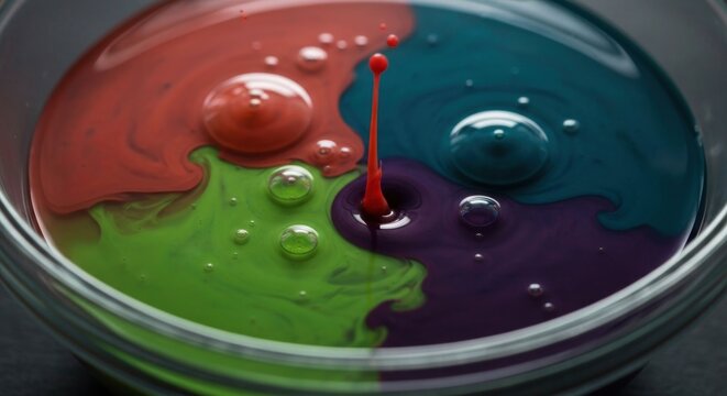 Vibrant red drop falls into a glass bowl of swirling red, green, teal, and purple paint