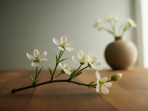 A single spring cherry blossom branch lying on a rustic wooden table with a soft focus vase in the background