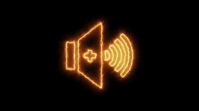 Flicker neon vedio volume sound icon with glowing fire effect rendered with a fiery orange audio control sound waves speaker icon orange glow fiery light