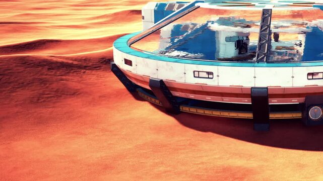 A sleek, circular habitat stands on the dusty red terrain of an alien planet. Sunlight glimmers off its reflective surface, creating a surreal atmosphere filled with possibilities.
