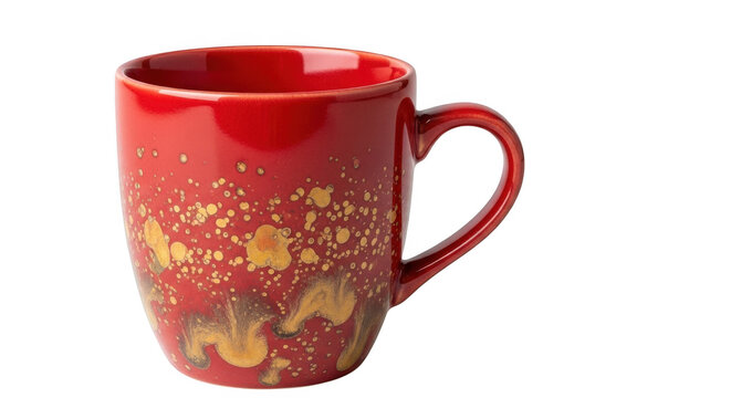 Red ceramic mug with gold floral pattern