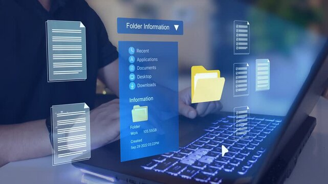 Process automation to efficiently manage files. Businessman working on laptop with virtual screen. Online documentation database and document management system concept.