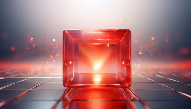 a glowing red square emitting soft light floats against a white slightly blurred background