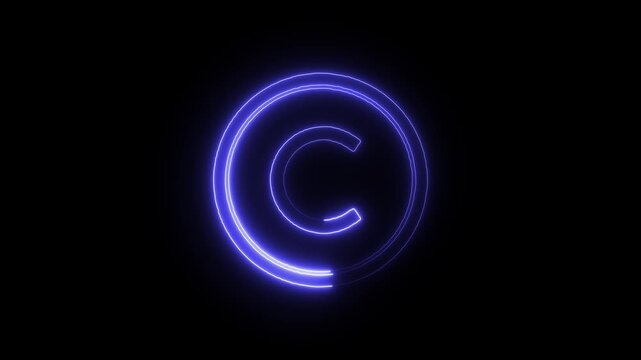 Flicker neon vedio blue copyright symbol glowing on dark background a symbol pulsing and flickering against a pitch black logo sign intellectual property legal