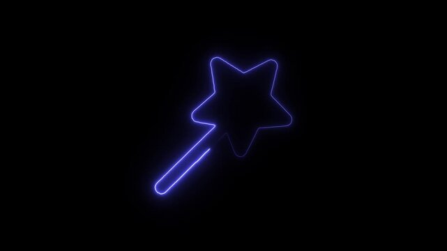 Flicker neon vedio blue magic wand icon glowing in darkness an created from light lines isolated on a black backdrop star light fairy fantasy shape