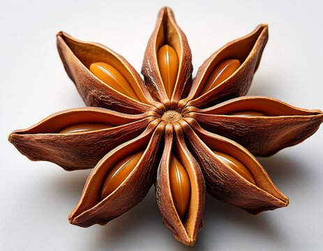 a star shaped spice likely a star anise with multiple pointed sections arranged symmetrically