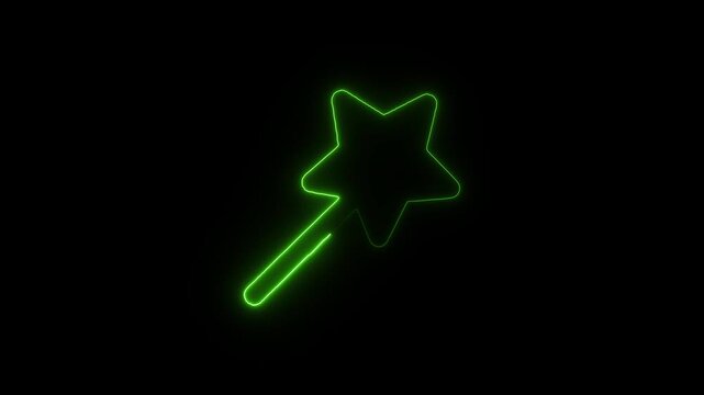 Flicker neon vedio green magic wand icon glowing in darkness an created from light lines isolated on a black backdrop star light fairy fantasy shape
