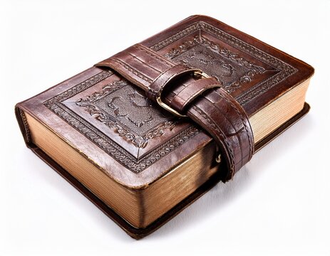 aged embossed leather bound book with buckle strap on white