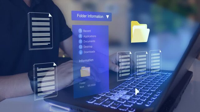 Process automation to efficiently manage files. Businessman working on laptop with virtual screen. Online documentation database and document management system concept.