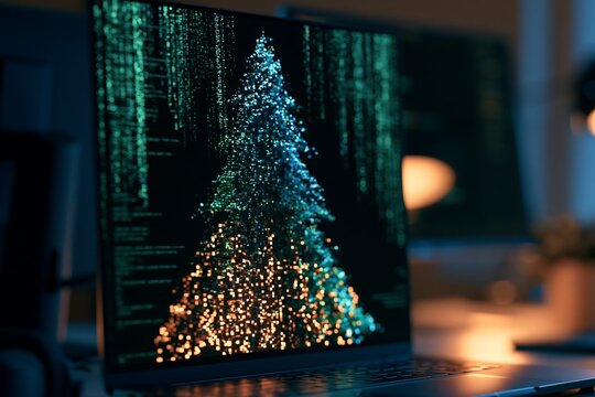Digital Christmas Tree Display on a Modern Laptop Screen in a Dark Room